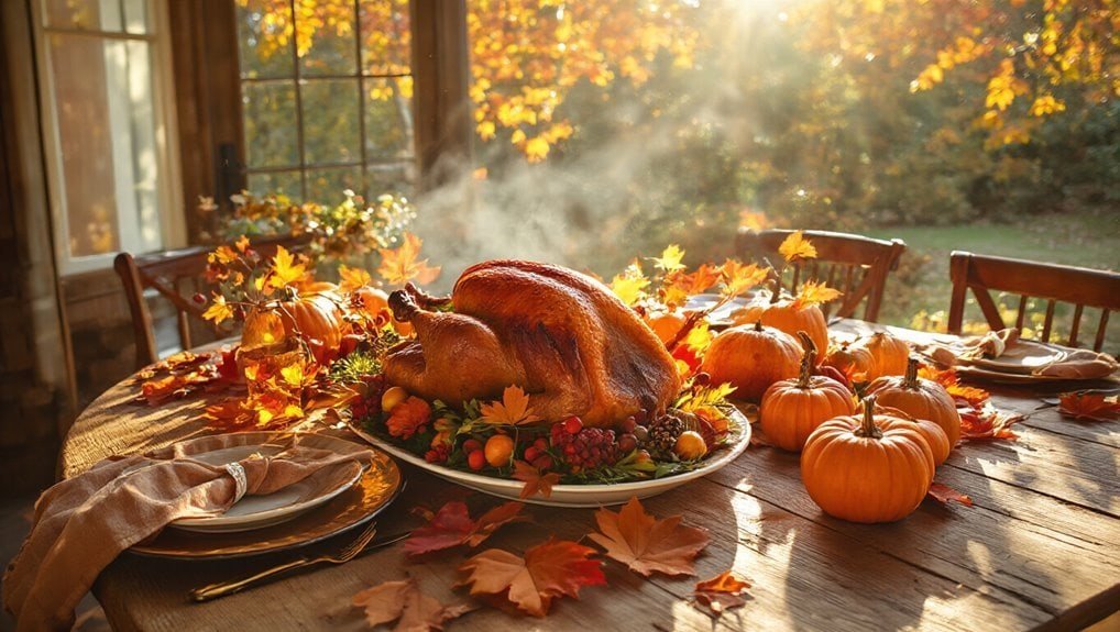 Roast turkey with autumn pumpkins and fall leaves on a festive table setting, perfect for holiday celebrations and seasonal gatherings.