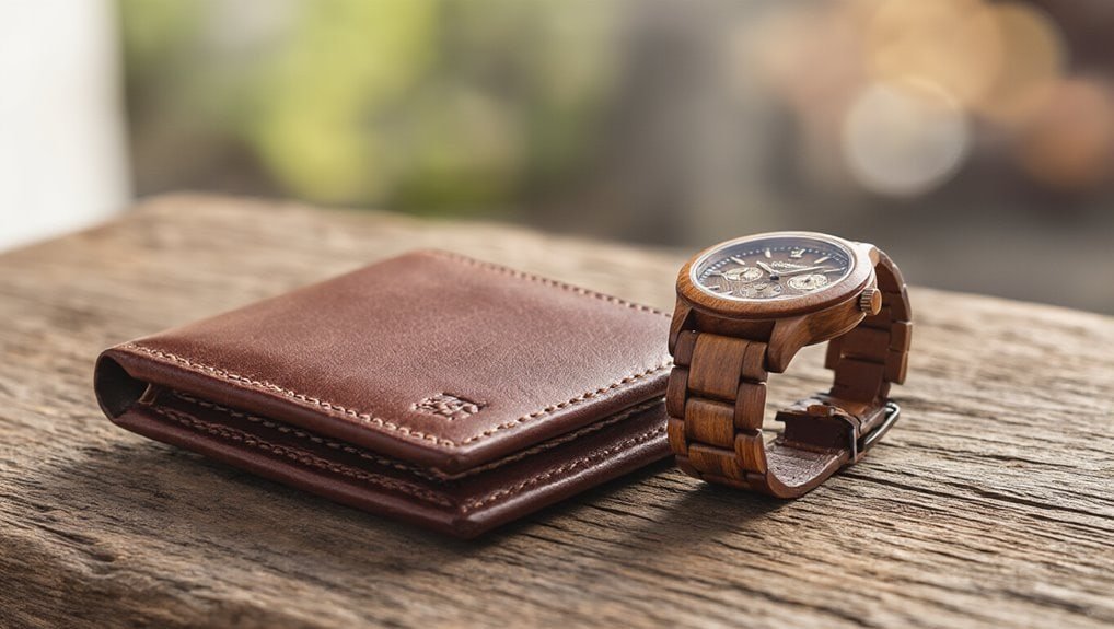 Handcrafted wooden watch and leather wallet on rustic wood surface, showcasing luxury accessories available at Sale is Live’s exclusive sale event.