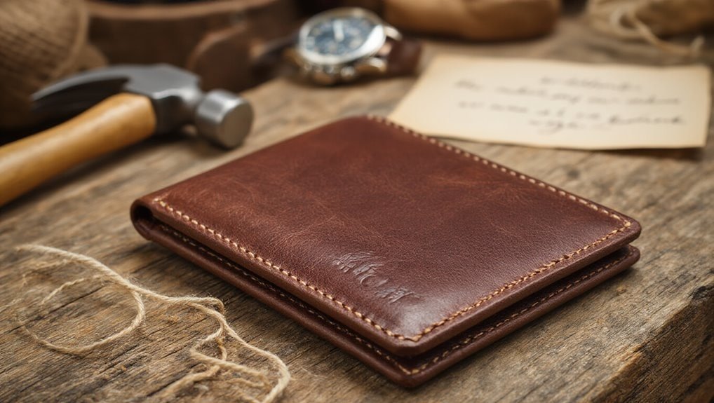 Genuine leather wallet on rustic wooden background, high-quality men's accessory, stylish and durable, perfect for everyday use and gifting in sale-is-live promotional offers.