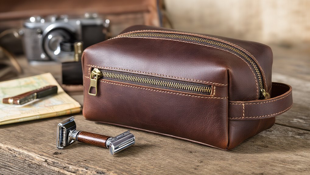 High-quality brown leather toiletry bag with zipper pocket, ideal for travel essentials and grooming accessories. Perfect for men and women on sale now at Sale is Live.