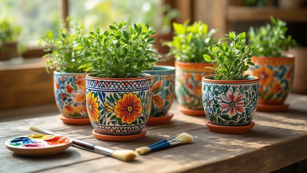 Bright potted herbs with colorful, hand-painted floral pottery for vibrant home décor and gardening projects.