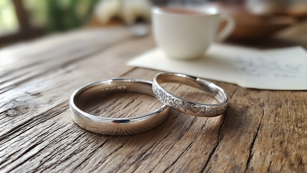 Silver wedding bands with intricate engravings displayed on rustic wood surface, perfect for engagement or wedding jewelry, symbolizing love and commitment, featured on Sale is Live website.