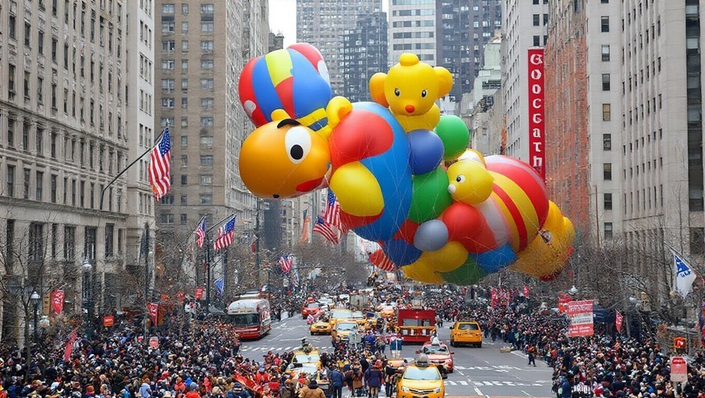 Colorful helium balloons floating above a busy city street during a parade, with crowds of spectators and tall buildings around, capturing a festive and lively atmosphere.