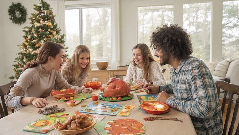 Colorful Thanksgiving dinner with a family of four enjoying the holiday together in a cozy, festive home decorated for Christmas, featuring a Christmas tree and holiday-themed tableware.