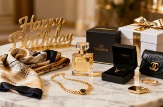 Luxurious birthday gift set including designer jewelry, perfume, accessories, and a "Happy Birthday" sign on a marble table, ideal for celebrating special occasions with style and elegance.