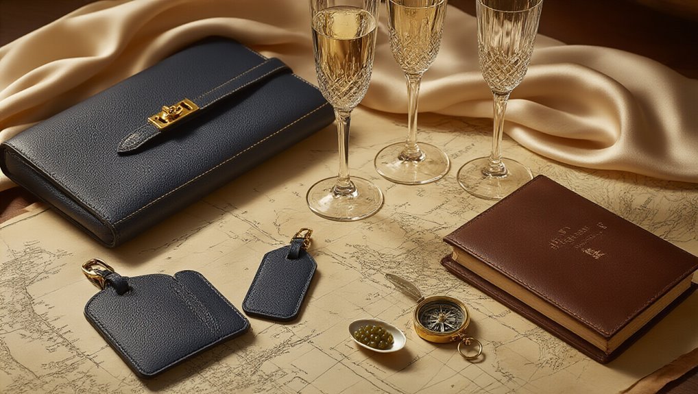 Elegant luxury leather accessories, including a clutch, wallet, and keychains, displayed alongside champagne glasses on a vintage map, perfect for sophisticated gifts or personal style.