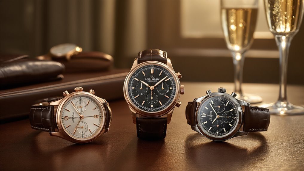 Elegant luxury watches displayed on a polished surface for sale during a special sale event.