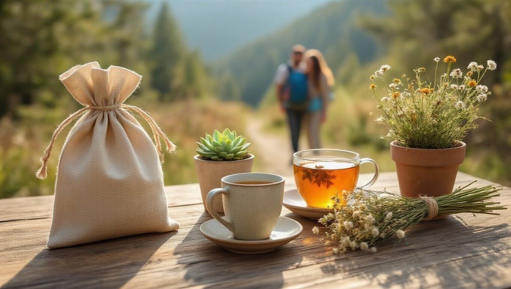 Bag with sale tag, outdoor tea setup with plants and tea, scenic nature background.
