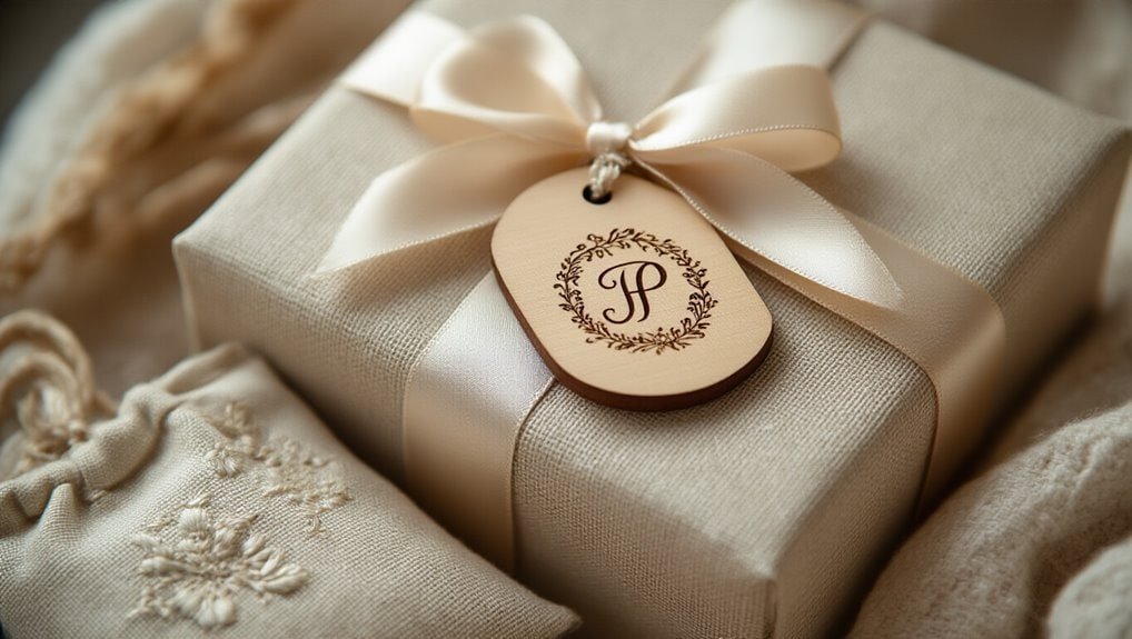 Luxurious beige gift box wrapped with satin ribbon and personalized monogram tag, perfect for wedding or special occasion presents, ideal for elegant gift packaging and gift-giving.