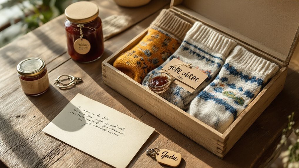 Soft wool socks gift set in wooden box, perfect for cozy winter wear, with personalized jewelry and heartfelt notes, ideal for thoughtful gift-giving and warm winter accessories.