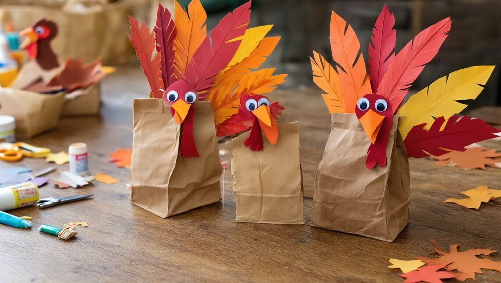 Colorful paper bag turkeys with autumn leaves for Thanksgiving crafts, featuring googly eyes and a creative, festive design. Perfect for holiday decor and kids' DIY projects.