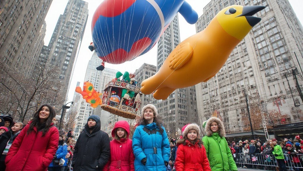 Colorful parade with giant hot air balloons and diverse crowd during a festive city celebration featuring vibrant costumes and lively atmosphere.