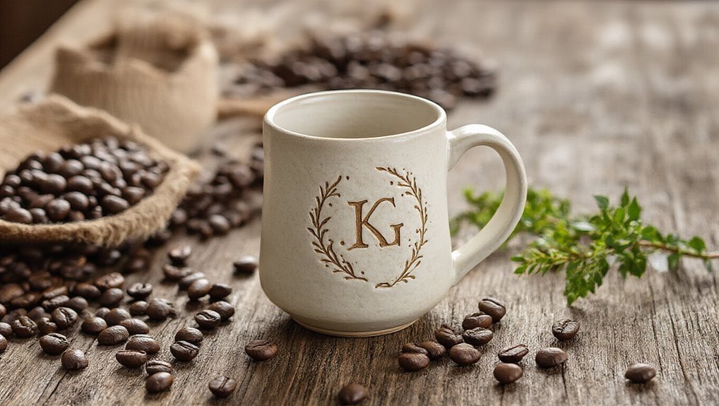 Rich brown coffee beans spilled on rustic wooden surface with a beige mug featuring a monogram "KG" and surrounded by green herbs, captured in warm, inviting lighting.