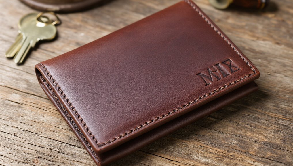 Luxury brown leather wallet with embossed initials on rustic wooden surface for sale.
