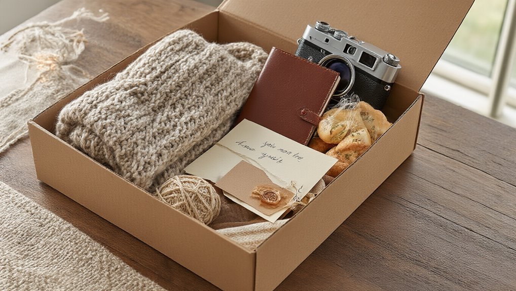 Cozy gift box with a knitted scarf, vintage camera, leather wallet, handwritten note, and knitted ball on a wooden surface, ideal for special occasions and exclusive sale offers.