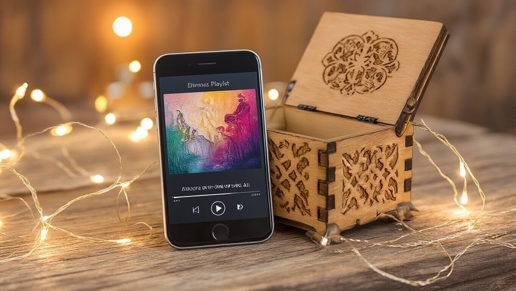 Relaxing music playlist on smartphone with wooden decorative box and warm fairy lights for cozy ambiance. Perfect for creating a calming atmosphere at home.