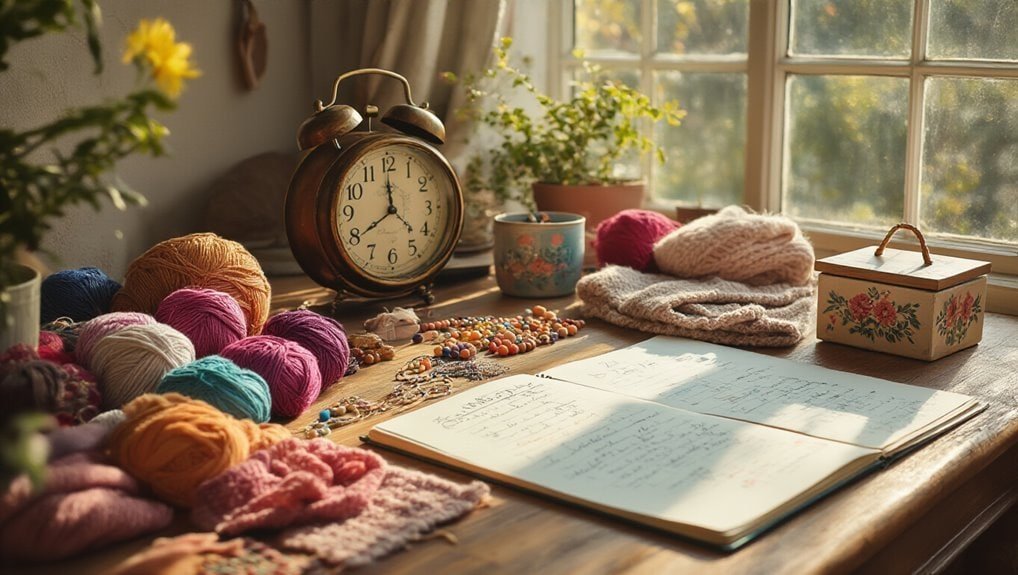 Colorful yarn balls and knitting supplies on a cozy windowsill with a vintage alarm clock, jewelry, and knitting books, perfect for showcasing creative arts and crafts during a Sale is Live event.