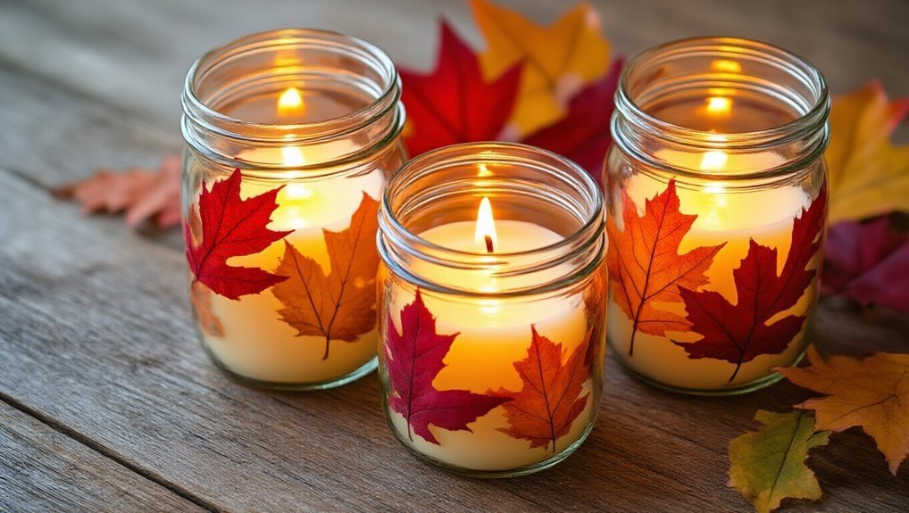 Votive candles in glass jars decorated with autumn maple leaves, perfect for fall home decor and cozy seasonal ambiance.