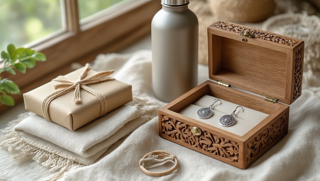 Elegant jewelry gift set with silver earrings displayed in an intricately carved wooden box, perfect for special occasions and gift-giving.