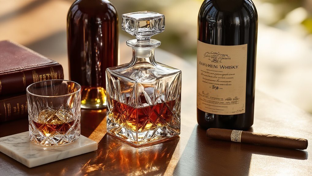 Luxurious whiskey decanter with glass, cigars, and vintage bottles showcasing premium sale deals on fine spirits at Sale is Live. Perfect for whiskey enthusiasts and collectors.