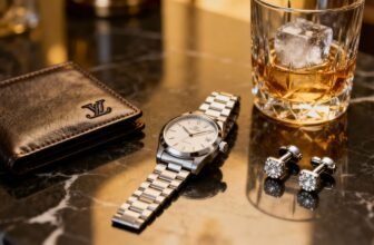 Luxurious men's accessories including a silver wristwatch, diamond cufflinks, a Louis Vuitton leather wallet, and a glass of whiskey with ice on a polished marble surface.
