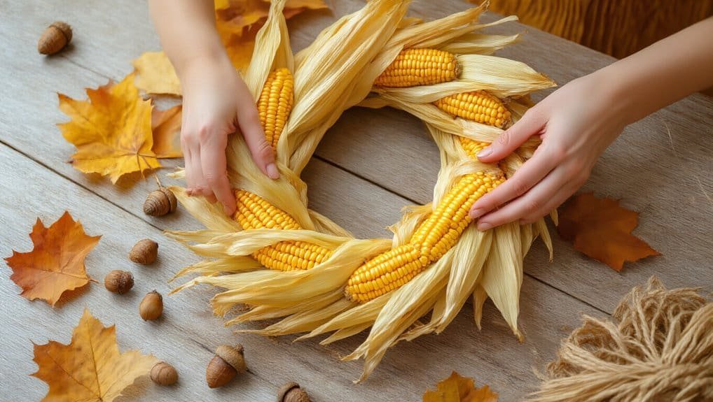Golden corn husk wreath with autumn leaves and nuts, seasonal home decor for fall. Perfect for creating a cozy and warm atmosphere during autumn festivities and celebrations.