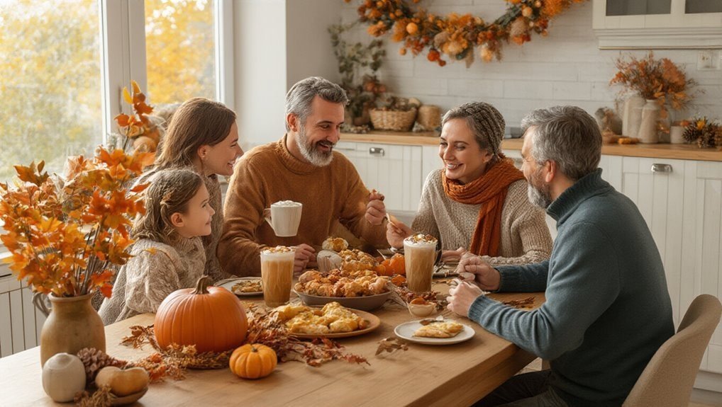 Enjoying a cozy fall family gathering with autumn-themed decor, delicious homemade food, and warm drinks in a beautifully decorated autumn kitchen.