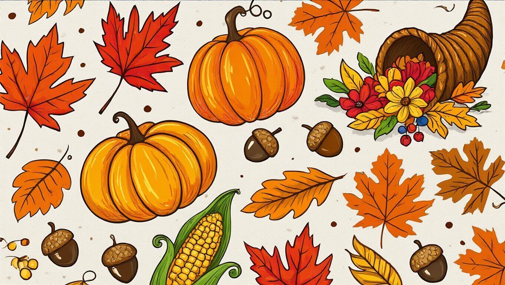 Bright autumn pumpkins, colorful falling leaves, acorns, and a corn cob on a festive fall background, perfect for season sale promotions and holiday advertising.