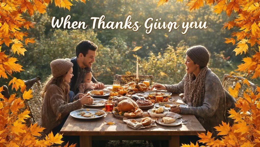 A festive outdoor Thanksgiving dinner scene with a family enjoying a meal surrounded by autumn leaves and warm sunlight, emphasizing gratitude and seasonal celebration.