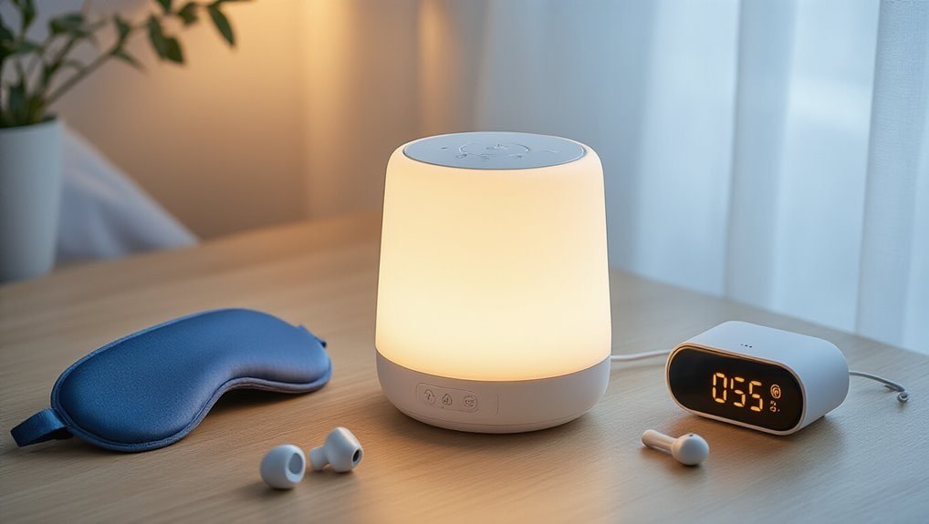 Calming wake-up light with clock and wireless earbuds, perfect for sleep and relaxation.