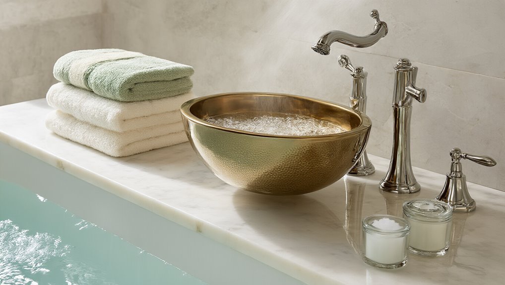 10 Luxury Gift Ideas for New Homeowners - Sale is Live - 2026 Elegant bathroom sink with a brushed gold vessel basin, chrome faucets, neatly folded towels, and candles, perfect for a luxurious home spa or bathroom renovation.