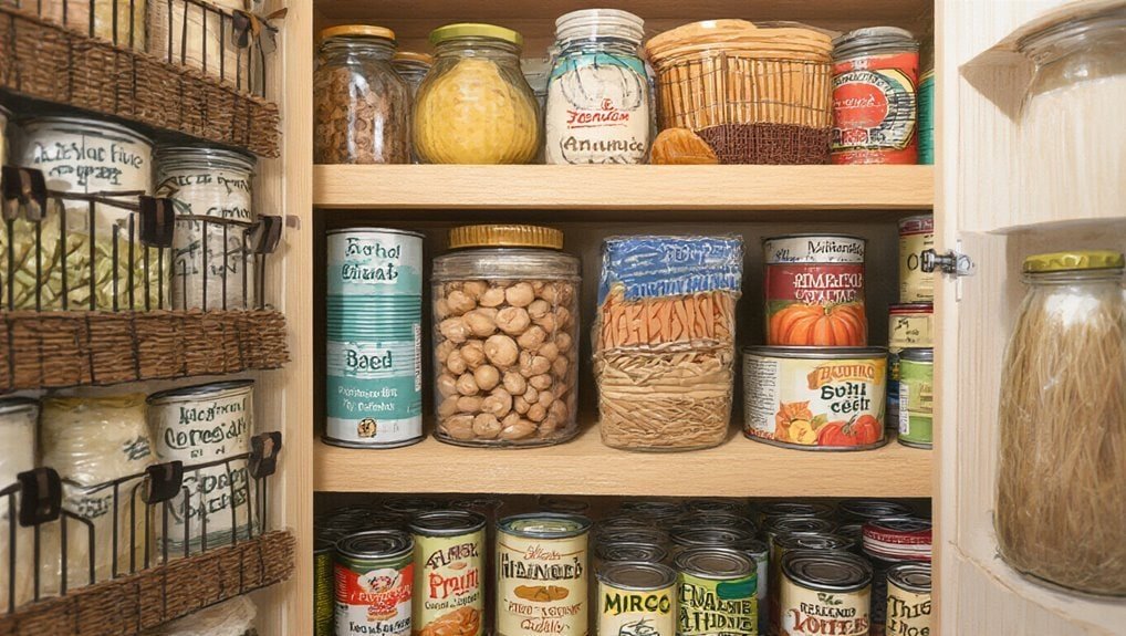 Canned and jarred food items organized inside a pantry shelf, including beans, pasta, and vegetables, emphasizing food storage and pantry organization for budget-friendly shopping.