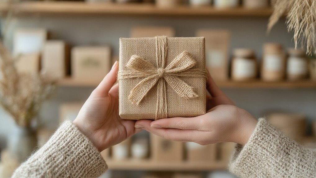 Hand holding a gift box wrapped in burlap and tied with a bow, perfect for sale events.