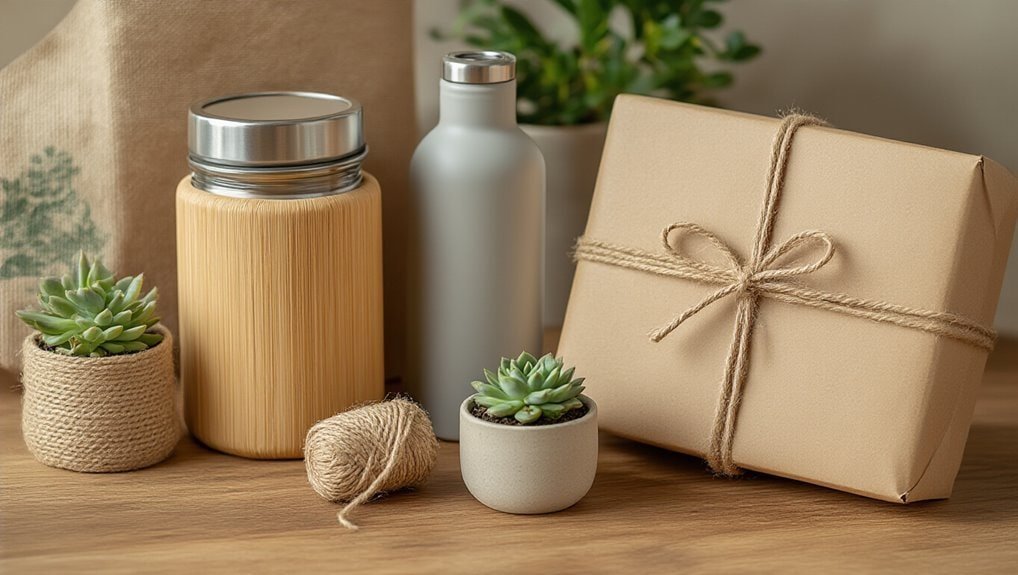 Vases, potted succulents, and a wrapped gift box on a wooden surface for eco-friendly home decor and gift ideas.