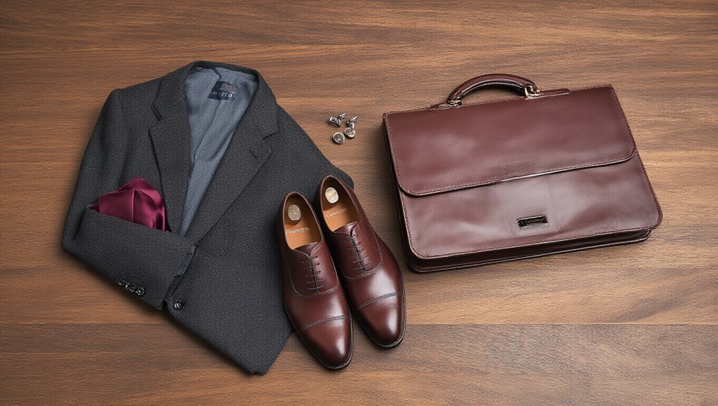 Stylish men's business attire set with a blazer, dress shoes, leather briefcase, and accessories for professional look. Perfect for sales, meetings, and corporate events.