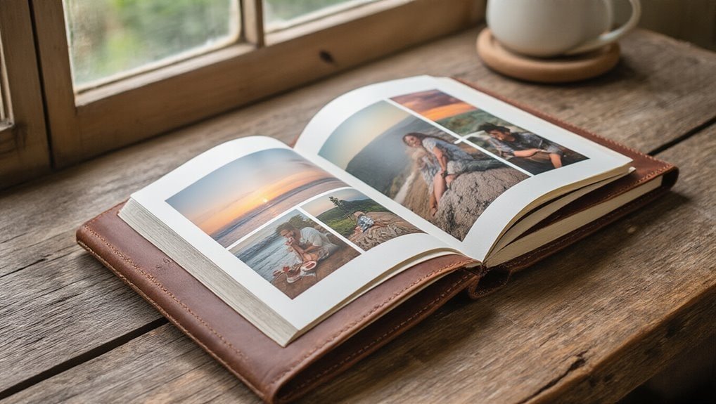 Beautiful photo album showcasing travel memories, placed on a rustic wooden windowsill with a warm cup nearby, capturing a cozy, nostalgic moment of reminiscing through stunning sunset and nature photos.