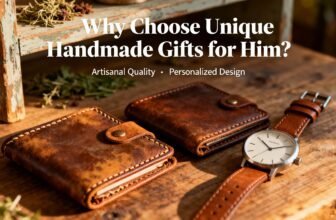 Handmade leather wallets and watch on rustic wooden surface, emphasizing artisanal quality and personalized design for men's gifts during sale.