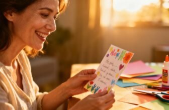 Colorful handwritten Mother's Day card with love-themed decorations.