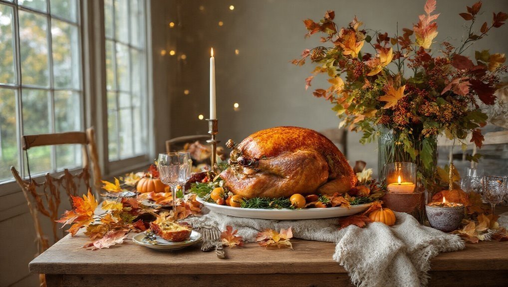 Roast turkey with autumn decor on dining table, thanksgiving feast setup, fall harvest celebration, cozy holiday dinner, seasonal decor and warm candlelit ambiance.
