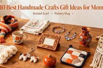 Colorful handmade knitted scarf, embroidered pottery mug, jewelry, and craft decor on wooden table for Mother's Day gift ideas.