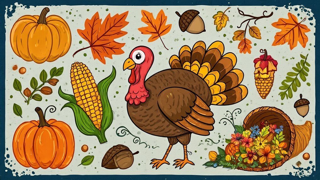 Pumpkin, autumn leaves, corn, turkey, acorns, scattered nuts, and colorful fall flowers for Thanksgiving fall harvest theme.
