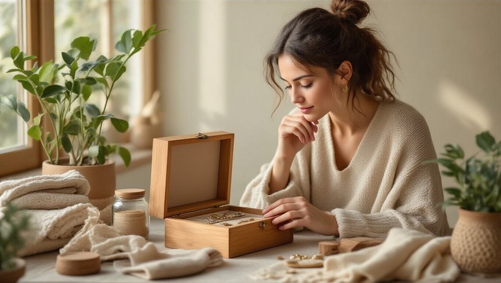 Shiny gold jewelry collection in a wooden jewelry box surrounded by cozy cream sweaters and houseplants, showcasing a relaxing shopping experience during aSale is Live promotion.