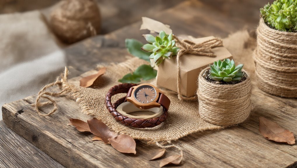 Leather watch with matching bracelet and potted succulents on rustic wooden surface, perfect for stylish home decor and gift ideas.