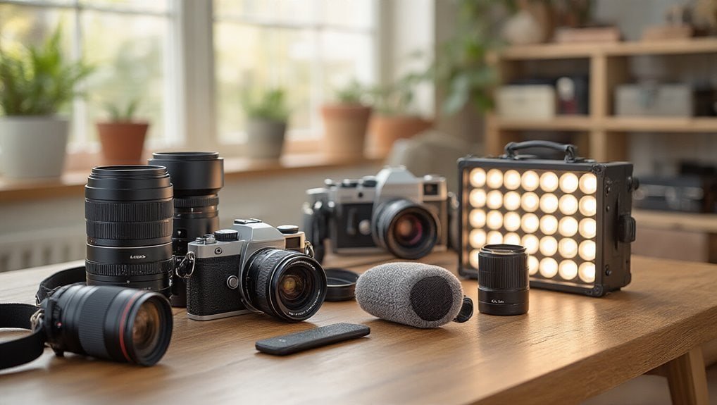 High-quality camera equipment and lighting setup for professional photography or videography shoots, displayed on a wooden table with natural daylight.