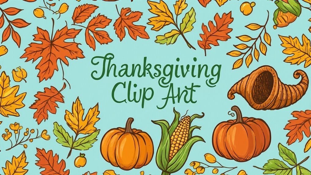 Vibrant Thanksgiving clip art with pumpkins, fall leaves, corn, and gourds for festive holiday decorations and seasonal projects.