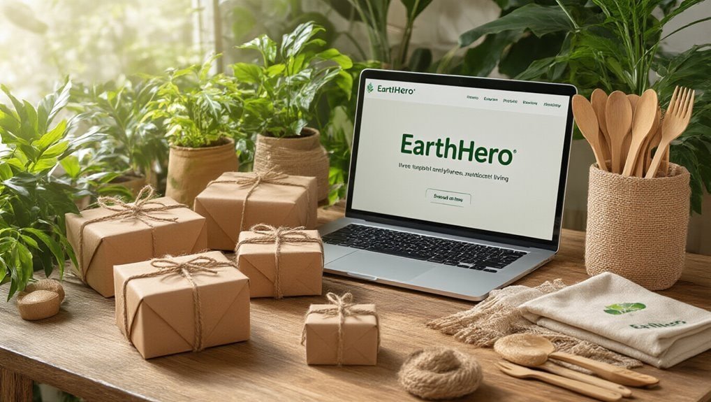 Eco-friendly packaging and indoor plants on a wooden desk with a laptop displaying EarthHero, promoting sustainable products and environmentally conscious living.