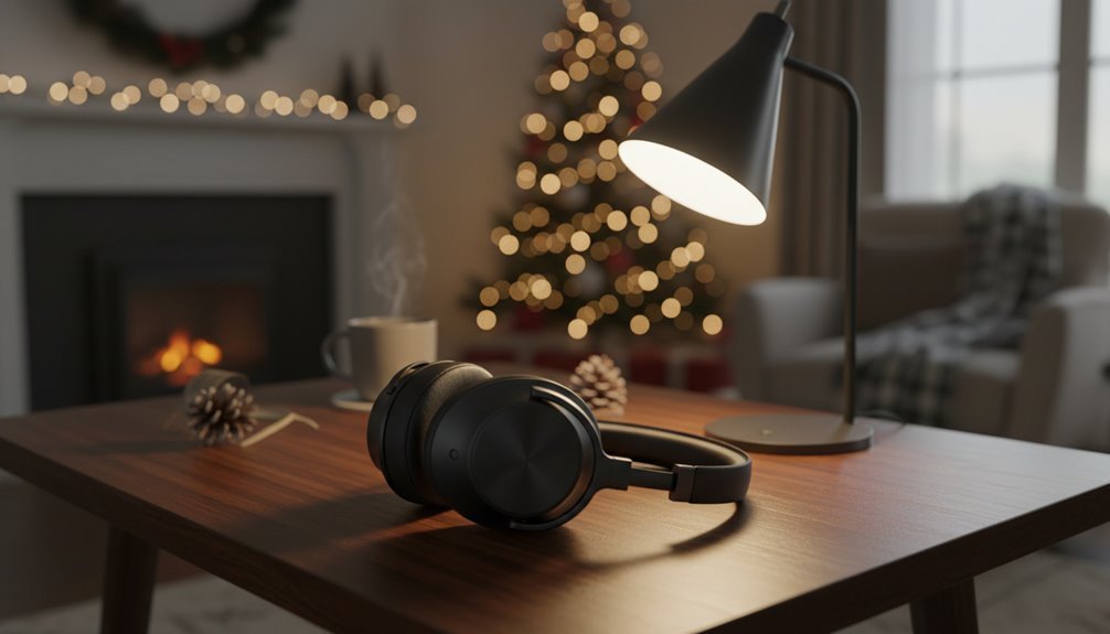 Wireless headphones on a cozy holiday-themed desk.