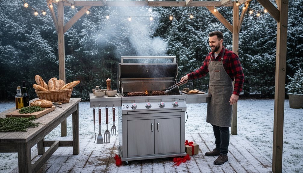 A man barbequing on a stainless steel grill in a snowy backyard during a winter sale event.