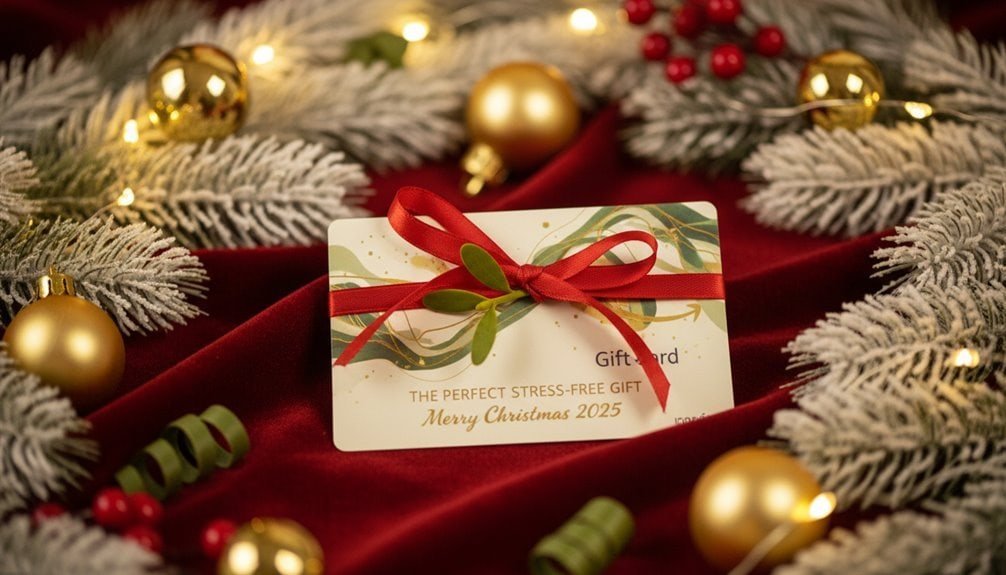 Elegant Christmas gift card featuring a red ribbon, surrounded by gold ornaments and pine branches, perfect for holiday shopping and gifting via Sale is Live.