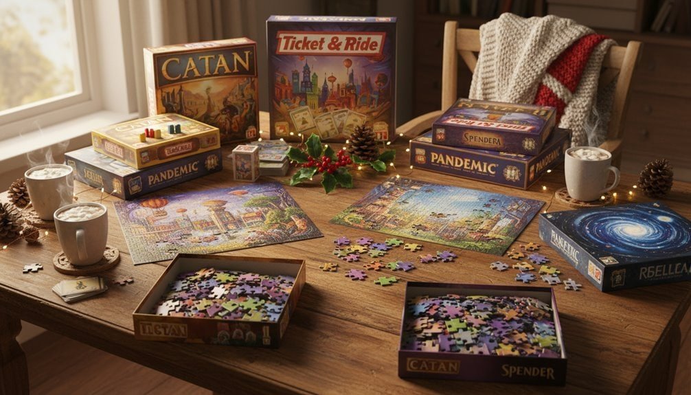 High-quality Catan-themed puzzle and board games with festive decorations.